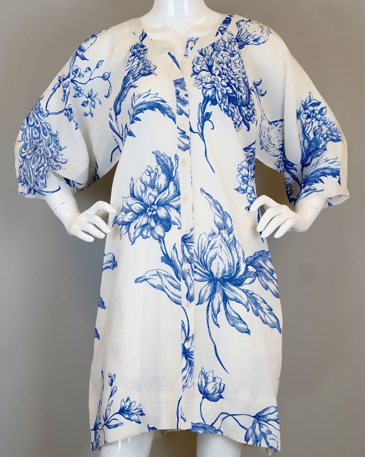 Luna Dress - Peacock, White/Blue floral linen-viscose blend dress by LA PLAGE CABANA at HCO Texas