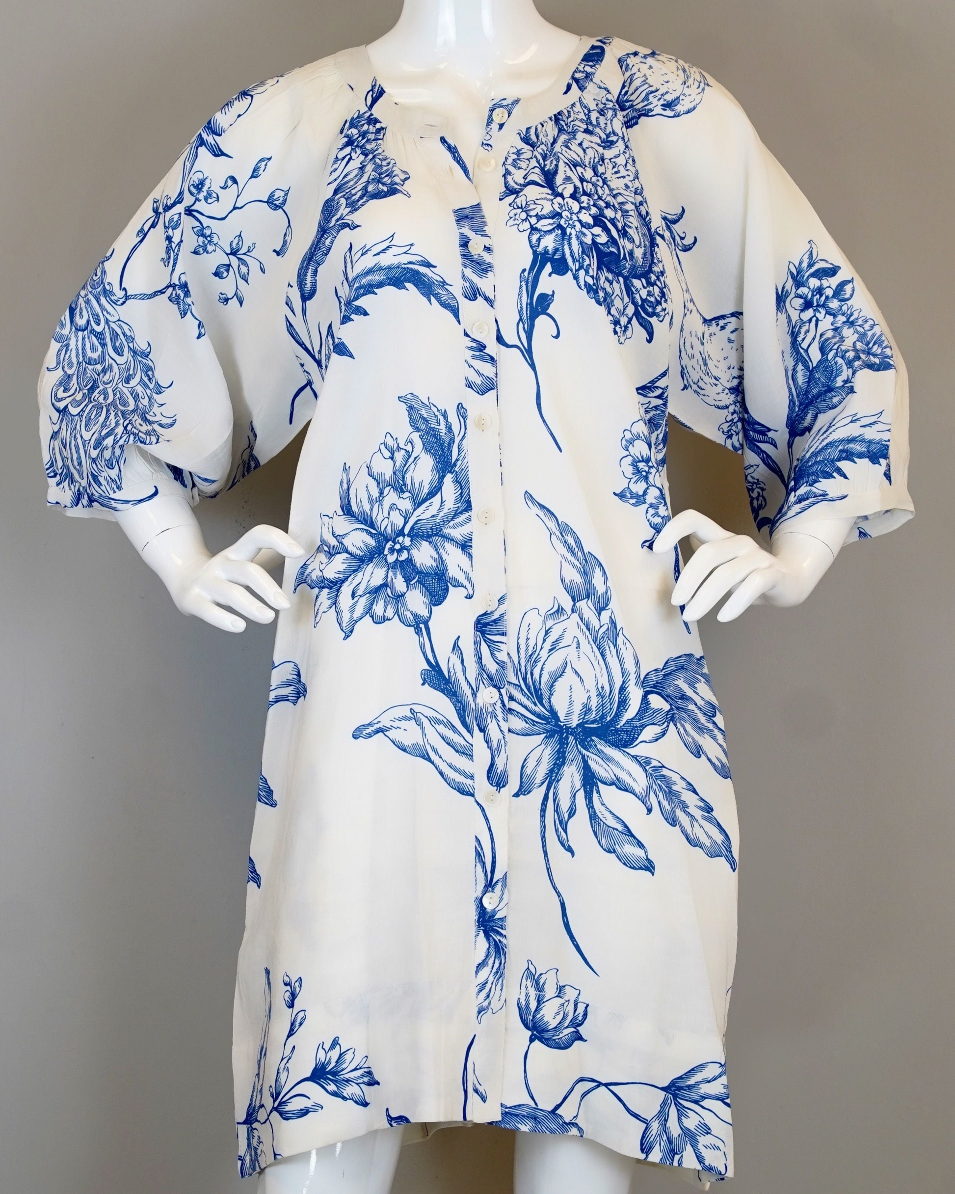 Luna Dress - Peacock, White/Blue floral linen-viscose blend dress by LA PLAGE CABANA at HCO Texas