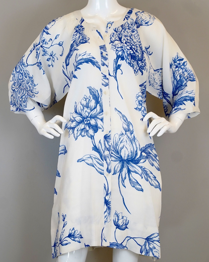 Luna Dress - Peacock, White/Blue floral linen-viscose blend dress by LA PLAGE CABANA at HCO Texas