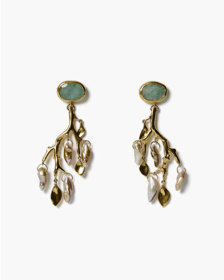 Gold earrings with green gemstones on a white background