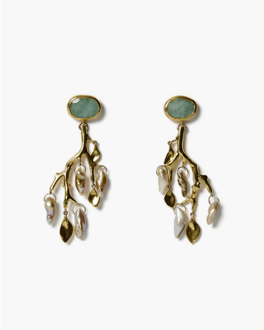 Gold earrings with green gemstones on a white background