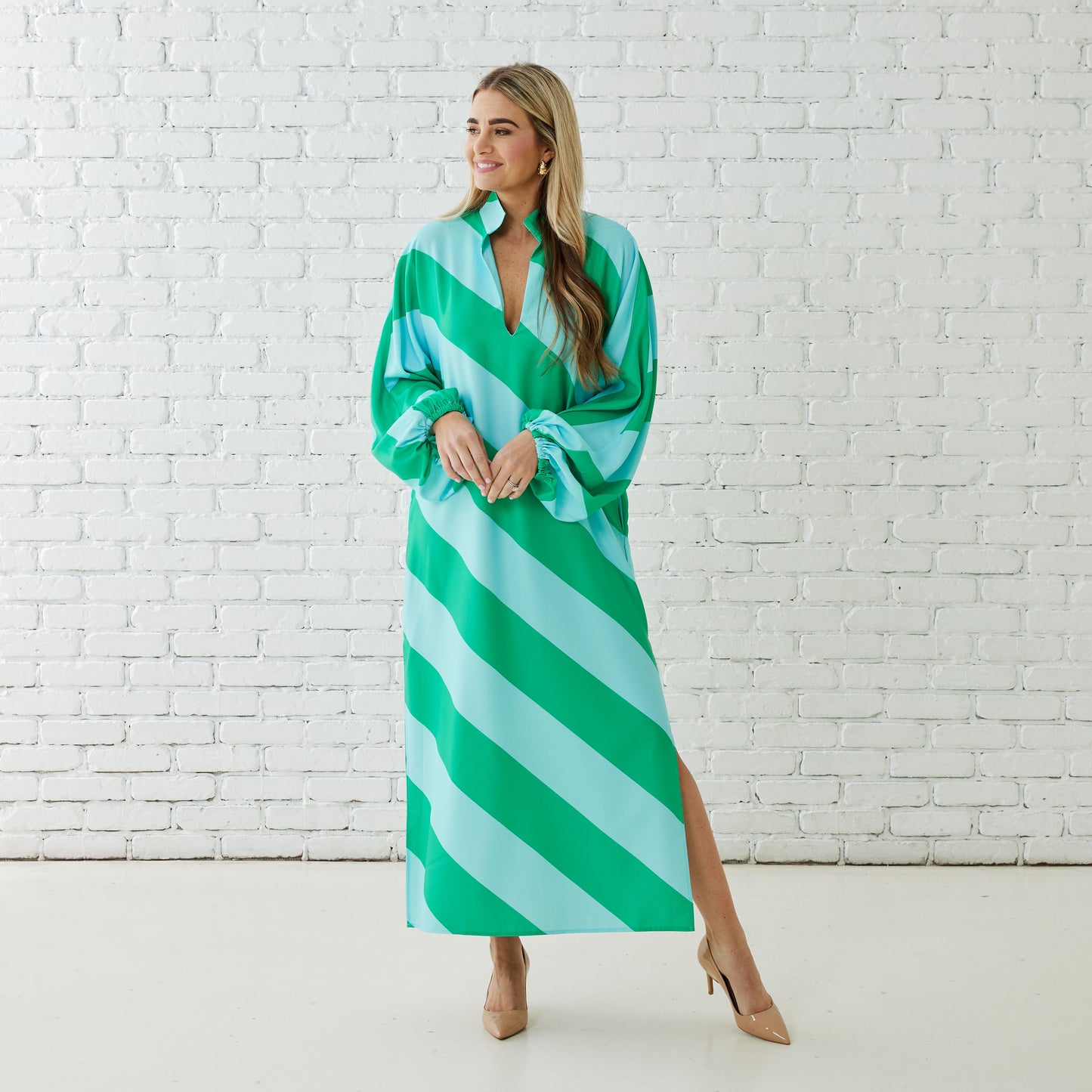 Coco Caftan Aqua/Green striped silky dress with relaxed fit and side slit, Caryn Lawn boutique