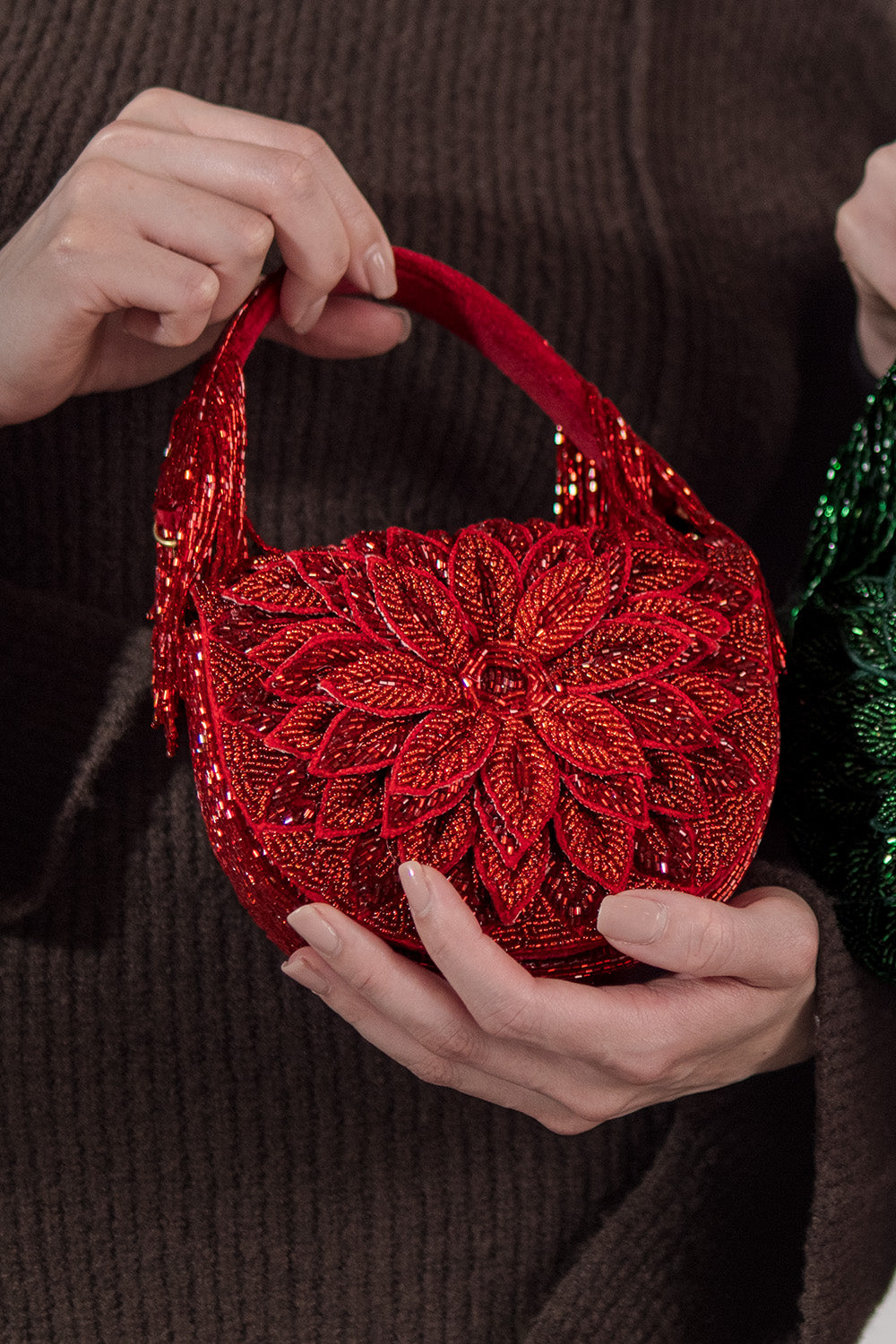 Ruby Dahlia Beaded Handbag with red floral beadwork and beaded fringe handle, Women's Purses HCO LA CHIC