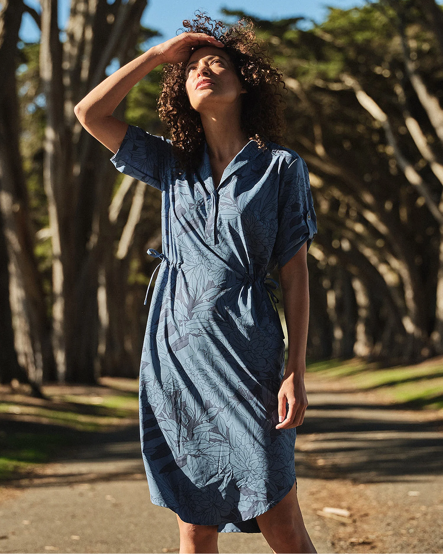 Spotless Traveler Dress S/S in blue floral with quick-dry, moisture-wicking fabric by Royal Robbins