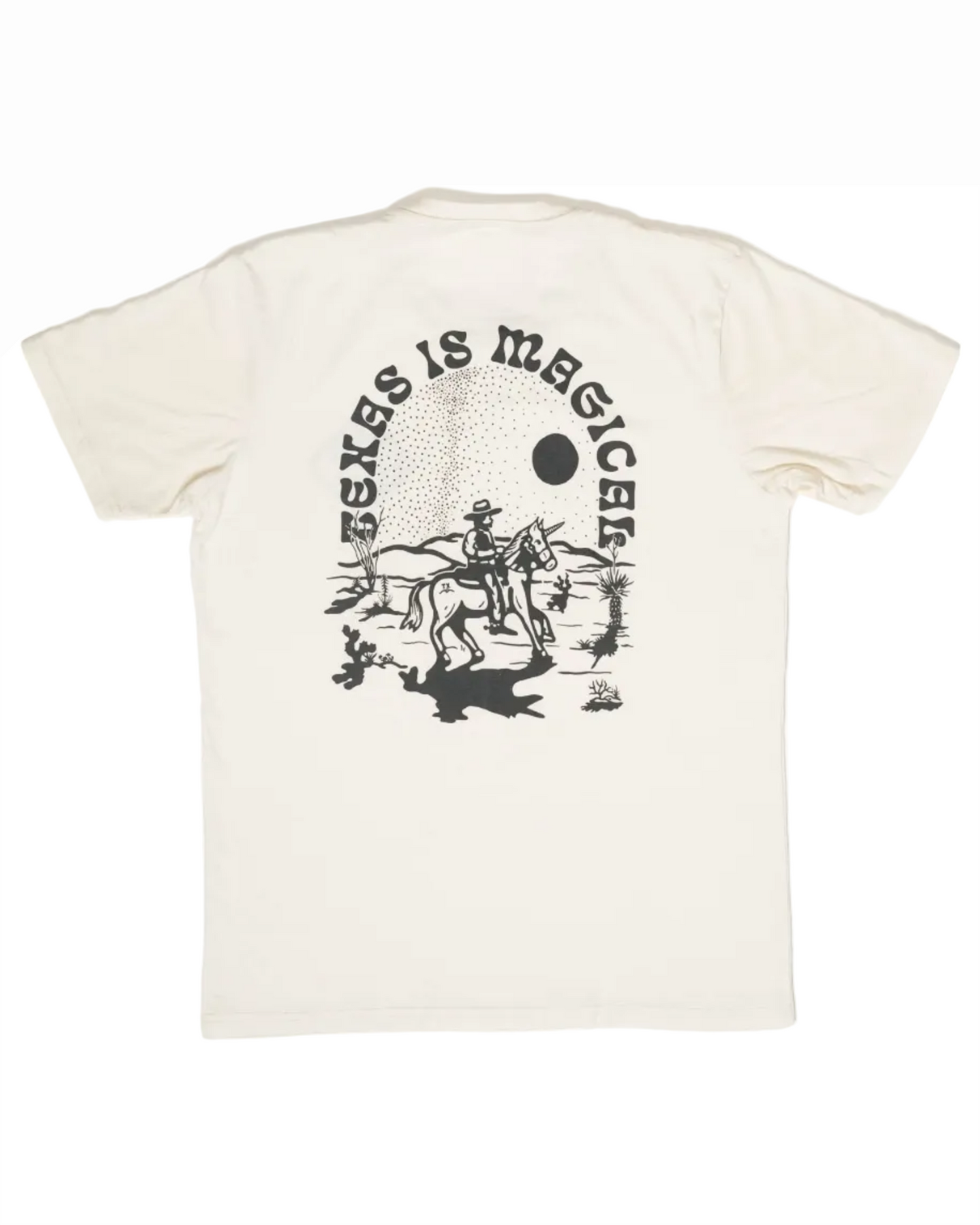 Off-white Texas Is Magical Tee featuring a black graphic of a cowboy on horseback in a desert landscape under a sun, blending Hill Country style with casual comfort.
