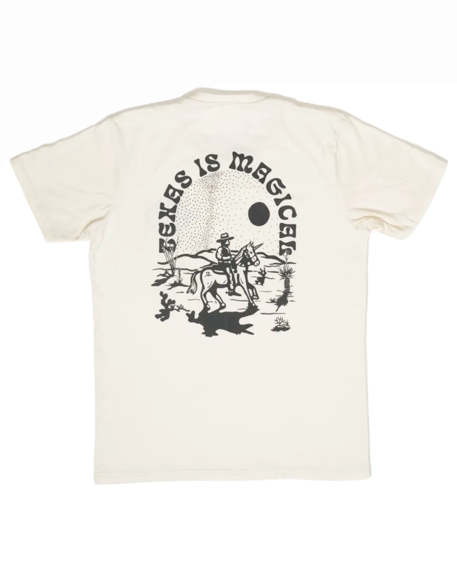 Off-white Texas Is Magical Tee featuring a black graphic of a cowboy on horseback in a desert landscape under a sun, blending Hill Country style with casual comfort.
