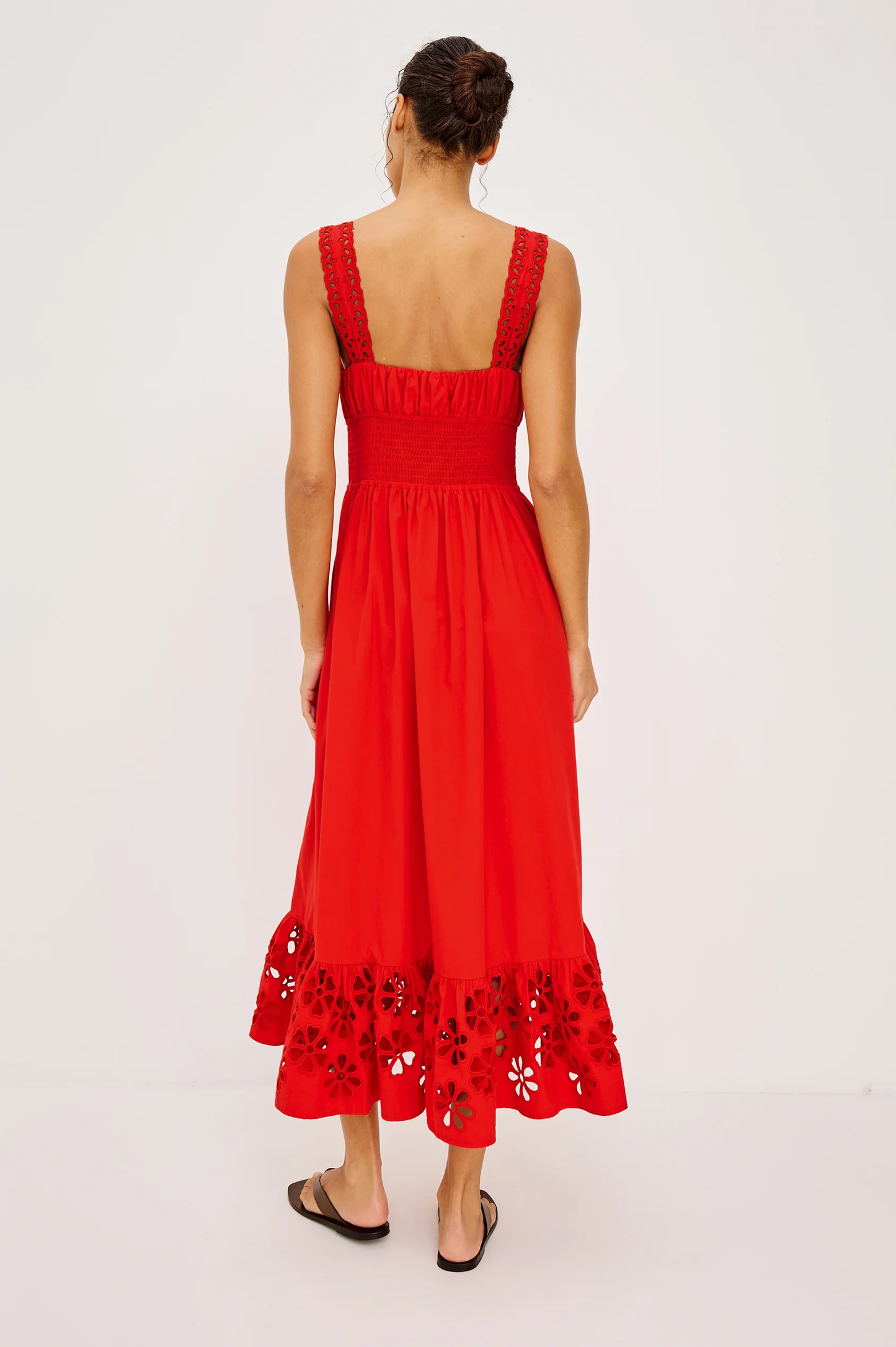 Moira - Scarlet cotton midi dress with embroidered straps and floral cutwork hem by RAILS
