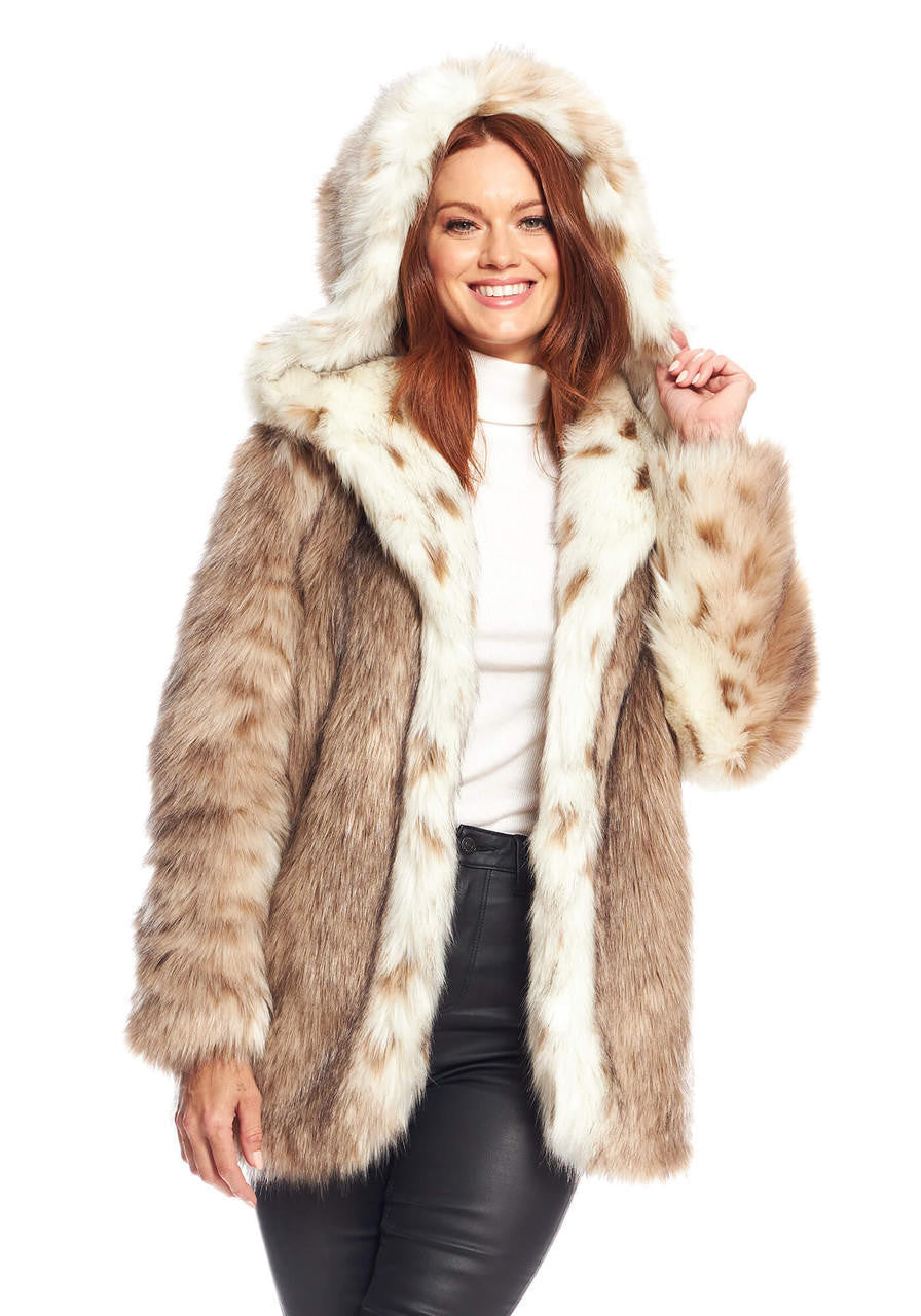 Hooded lynx fur coat with cream spotted pattern and front opening