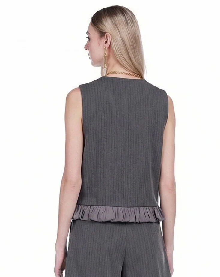 Ruffles Hem Vest - Brown Herringbone