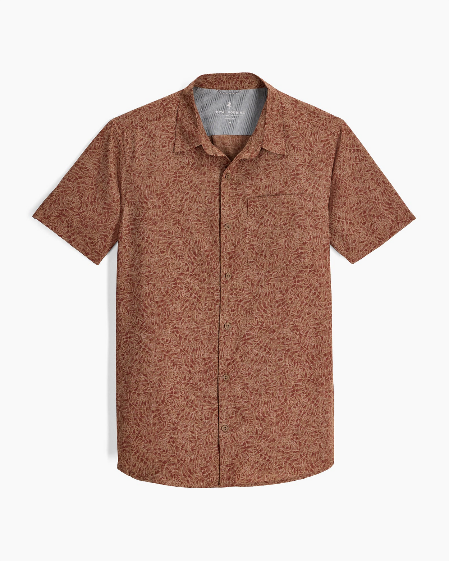 M Amp Lite II S/S - Mahogany Frond Pt, stretch brown men's shirt by ROYAL ROBBINS curated Texas