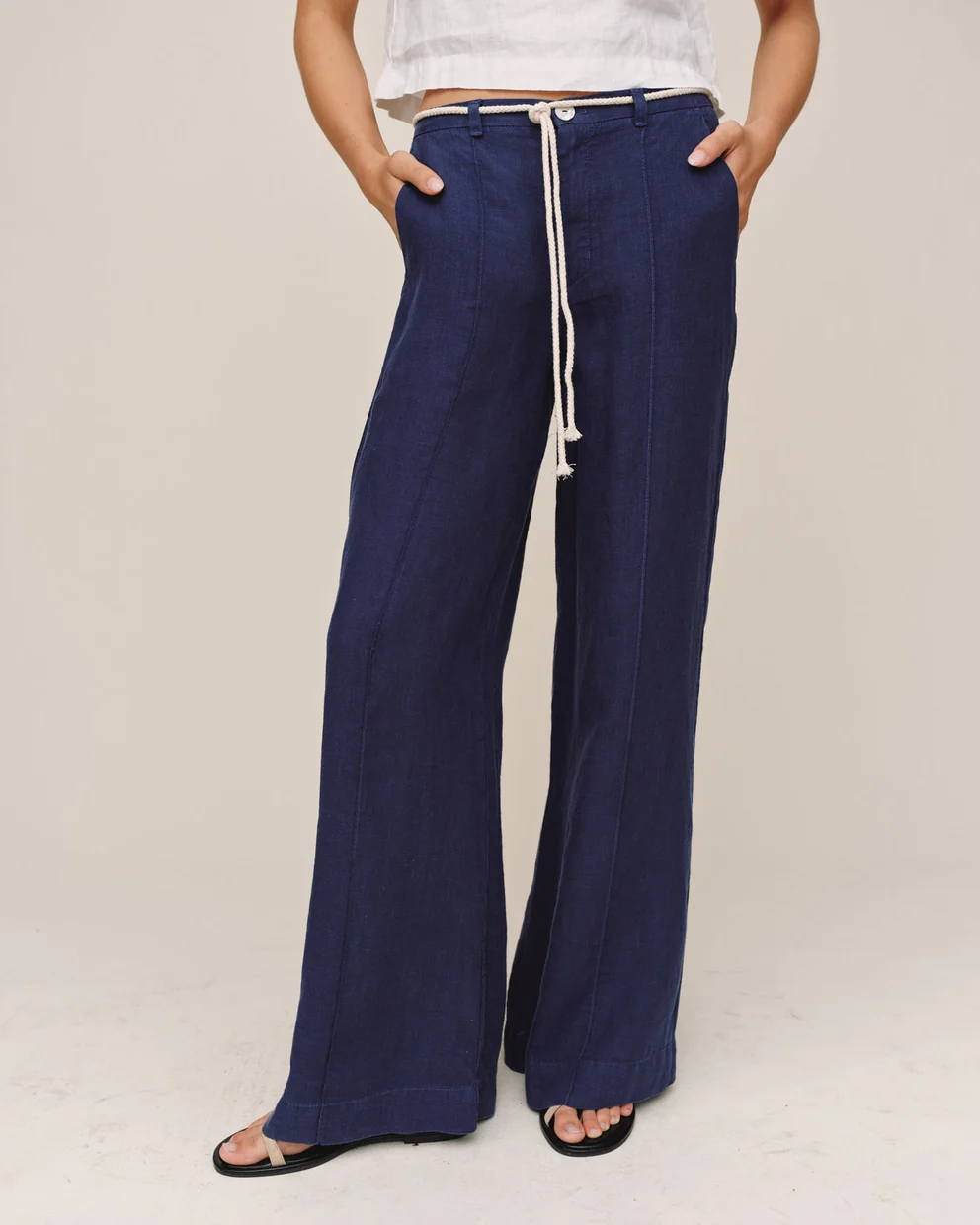 Clean Waist Pintuck Wide Leg navy pants with twist cord waist and side pockets by BELLA DAHL