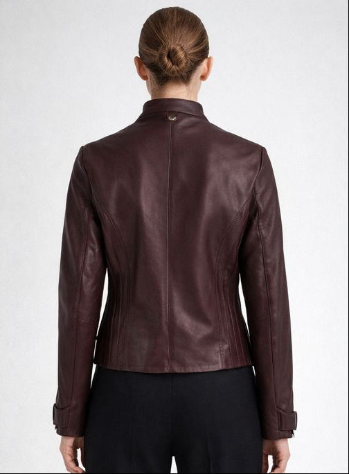 Woman wearing a burgundy leather jacket, shown from front and back