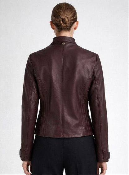 Woman wearing a burgundy leather jacket, shown from front and back