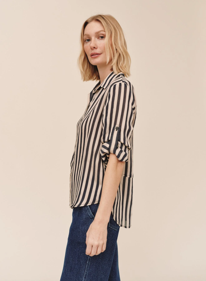 Split Back Button Down - Black/Ecru Stripe