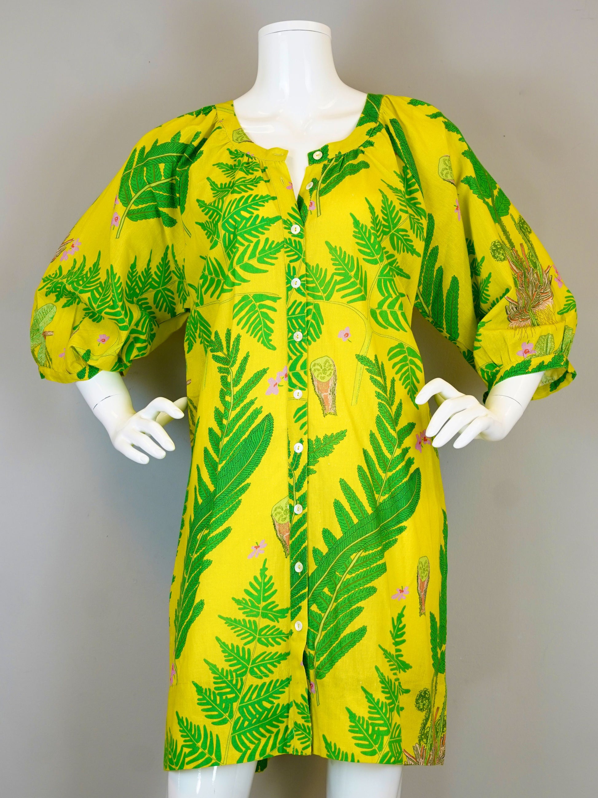 Luna Dress - Fern - Chartreuse, yellow cotton flex with green fern print and button front, Fredericksburg TX