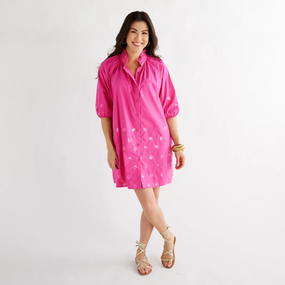 Celia Sparkle Fuschia pink poplin dress with sequin dots and ruffled collar by CARYN LAWN