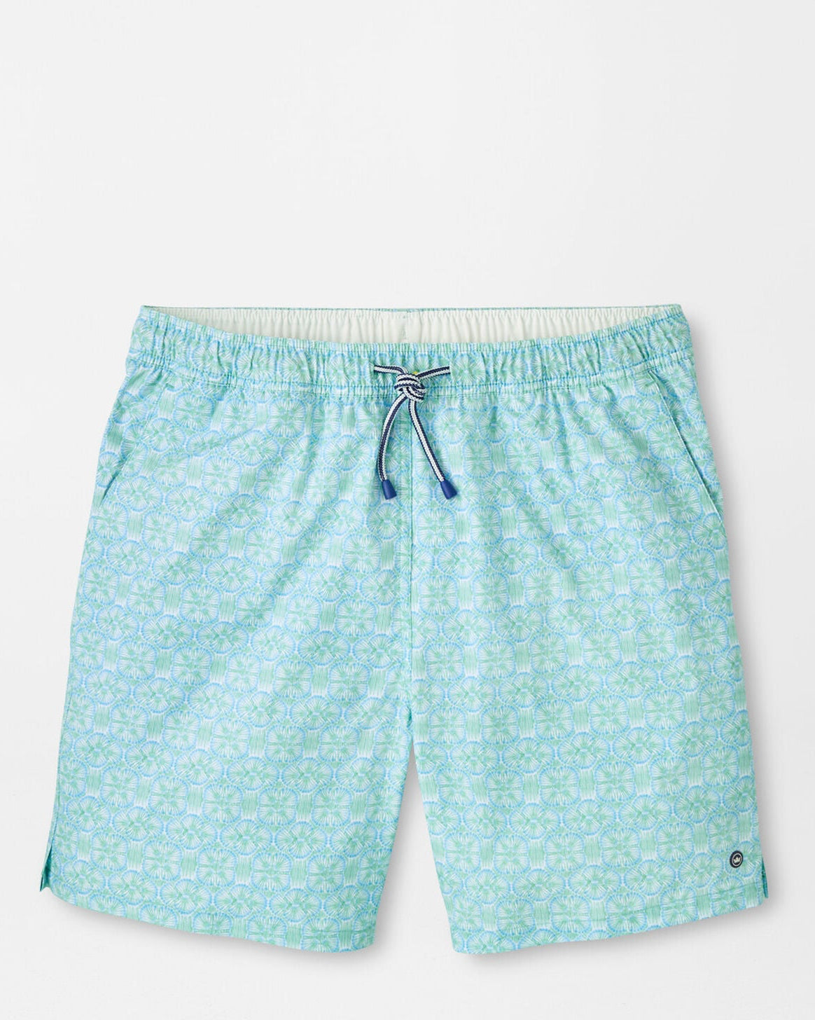 Tide Lines Swim Trunk in blue and green geometric pattern with quick-dry stretch fabric