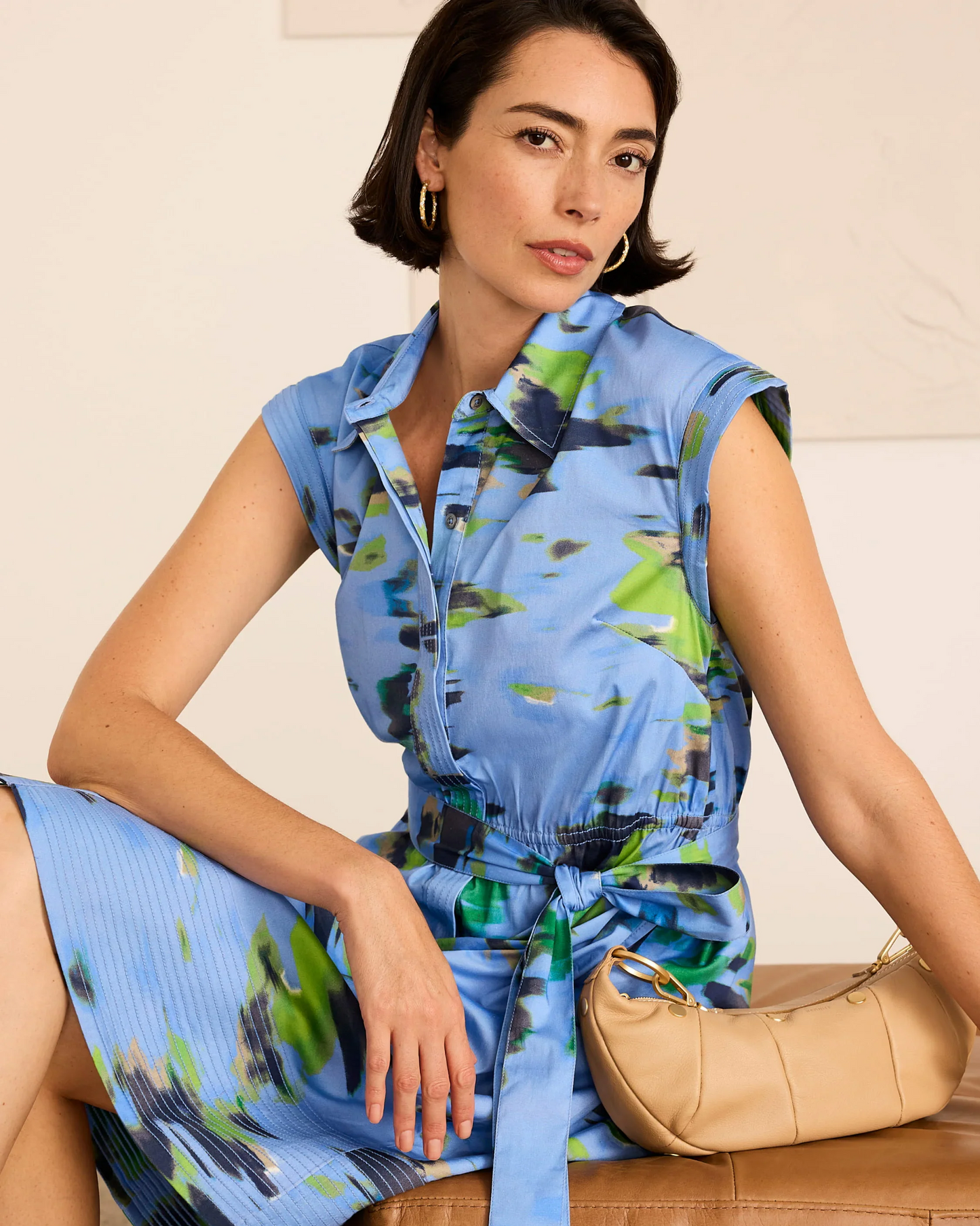 Water Lillies Camille Dress in multicolor blue sleeveless button front woven dress by NIC AND ZOE