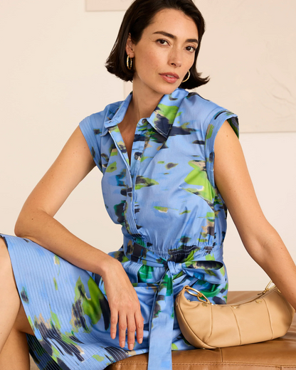 Water Lillies Camille Dress in multicolor blue sleeveless button front woven dress by NIC AND ZOE