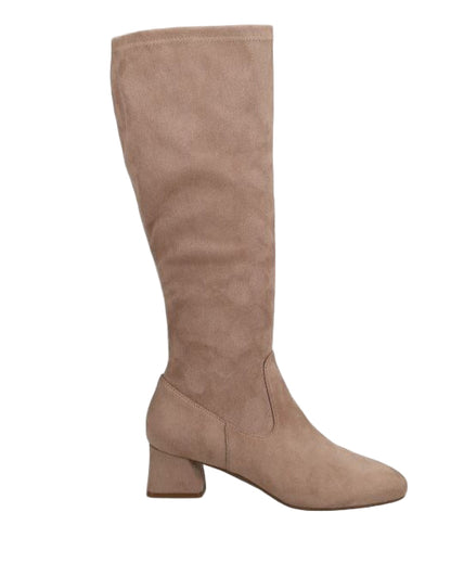 Zovy - Taupe Punto stretch suede knee-high boot with almond toe, side zip, and covered heel
