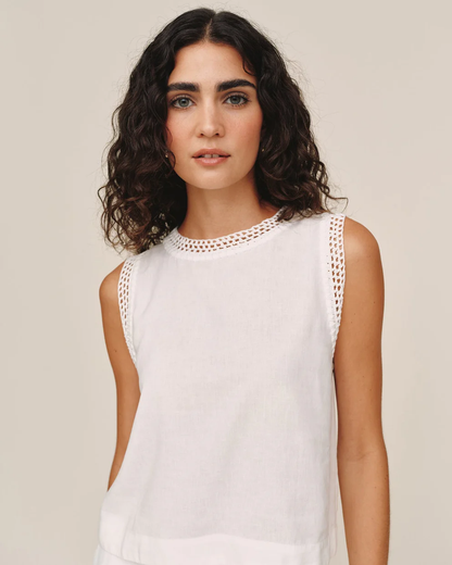 Sleeveless Crochet Edge Top in white Tencel blend with crew neckline and delicate crochet trim by BELLA DAHL