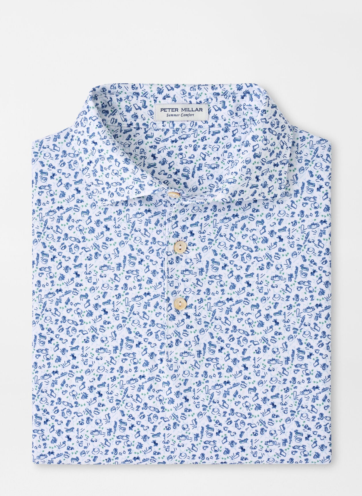 Wilkins Performance Jersey Polo in white floral with blue pattern, moisture wicking and UPF 50+