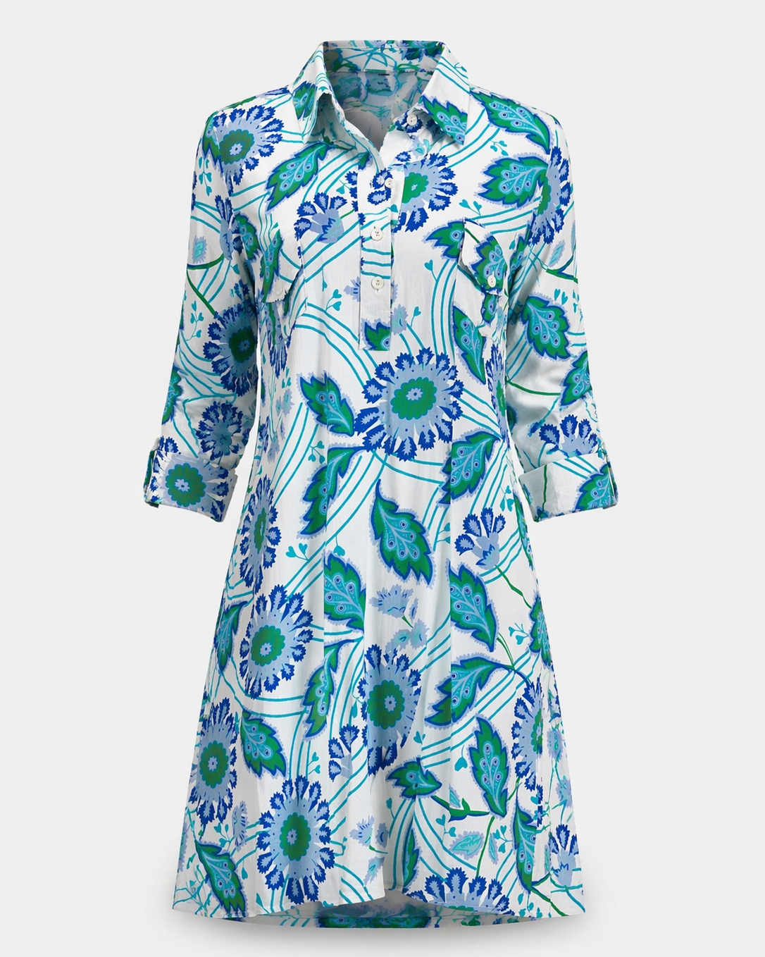 La Jolla Dress - Funky Floral, White/Peri/Green cotton flex with vibrant floral print, Fredericksburg TX