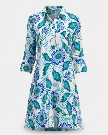 La Jolla Dress - Funky Floral, White/Peri/Green cotton flex with vibrant floral print, Fredericksburg TX
