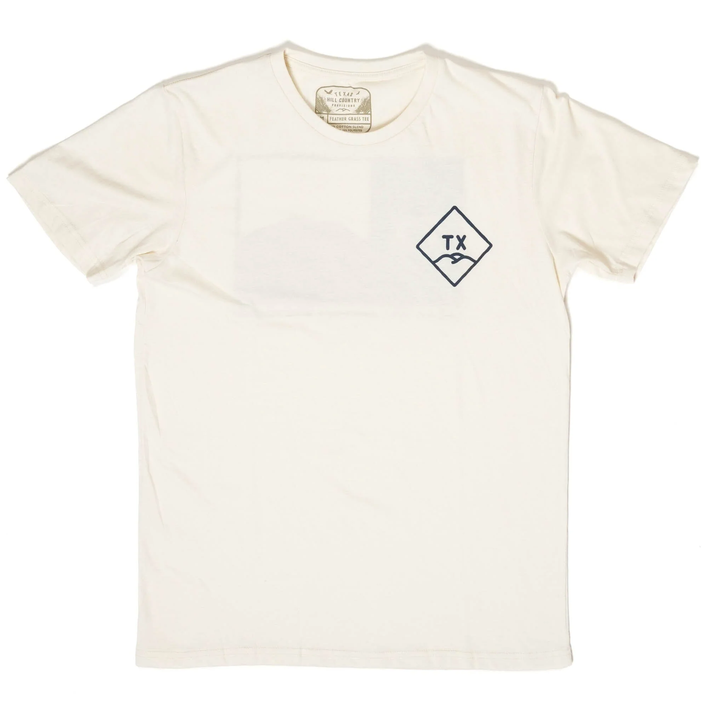 Hill Country Flag Tee in soft white cotton blend with Texas emblem, curated in Fredericksburg TX