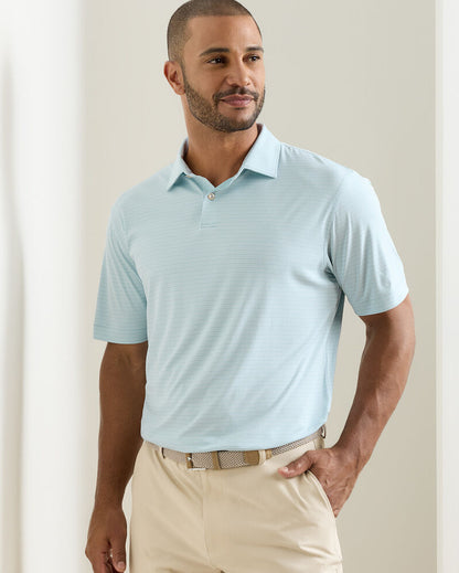 Featherweight Trading Stripe Performance Polo in light blue with moisture wicking and UPF 50+ protection