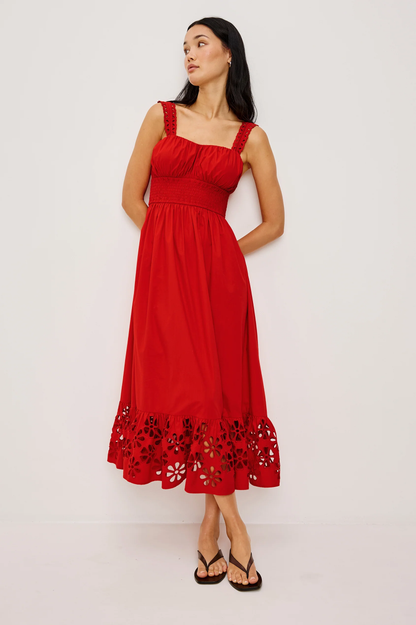 Moira - Scarlet midi dress with embroidered straps, shirred bust, and floral cutwork hem by RAILS
