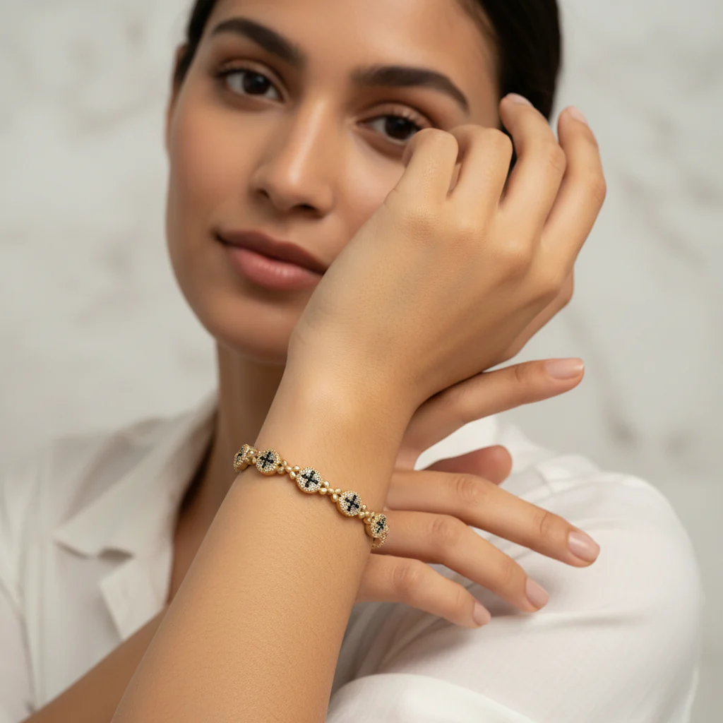 Gold Pave Hematite Cross Bangle