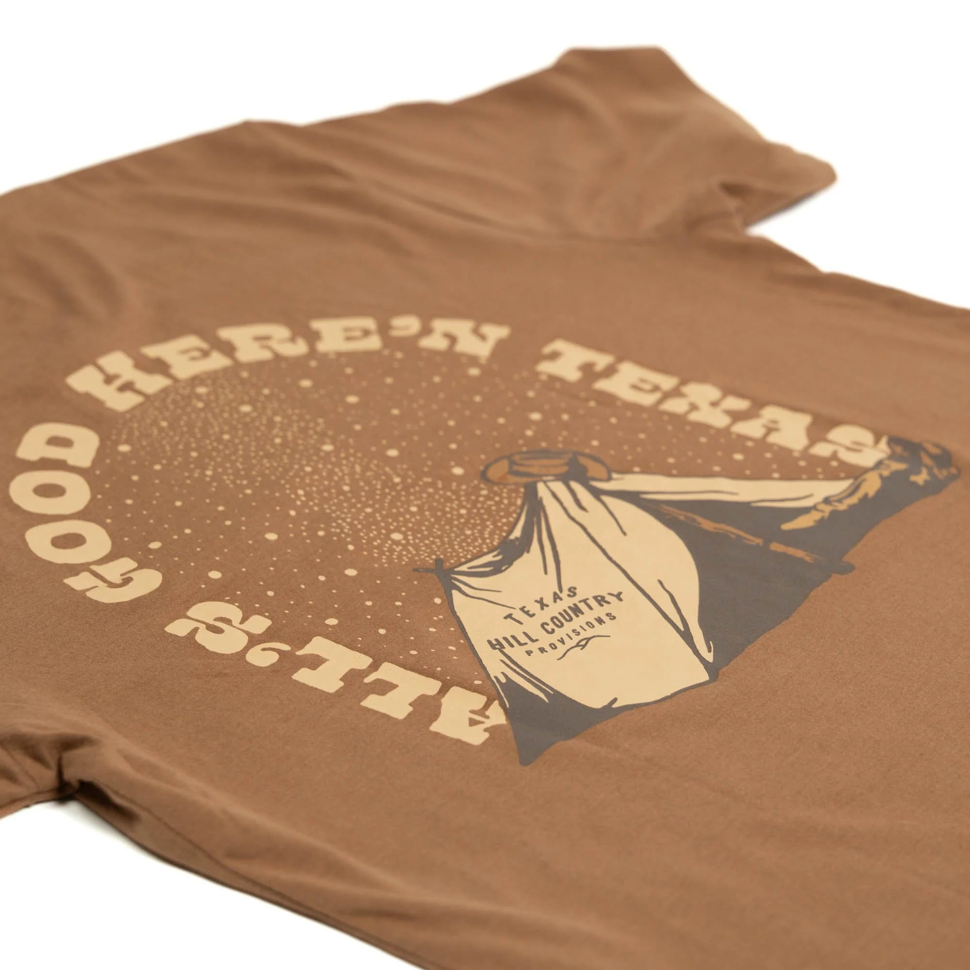 Under The Stars Tee in brown with Texas Hill Country tent and personalized starry design