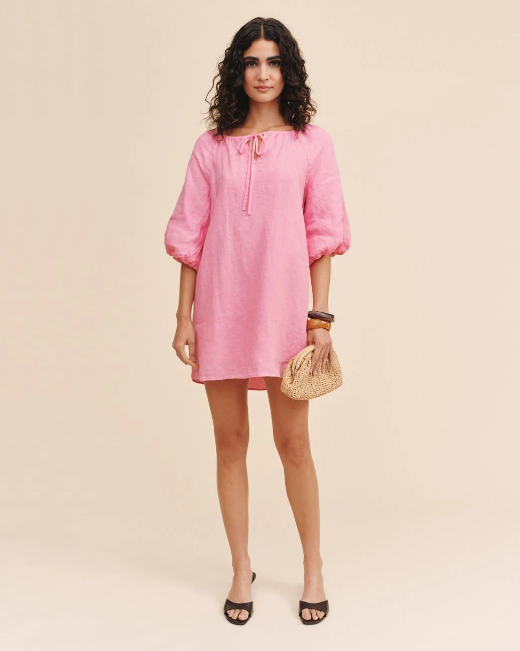 Pullover Puff Sleeve Dress in coral linen with V-neck tie, curated Fredericksburg boutique style