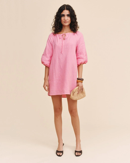 Pullover Puff Sleeve Dress in coral linen with V-neck tie, curated Fredericksburg boutique style