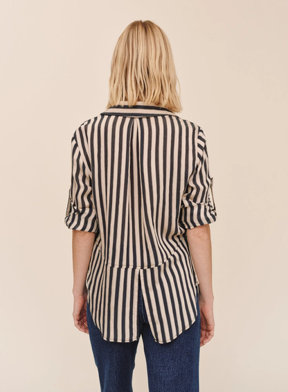 Split Back Button Down - Black/Ecru Stripe