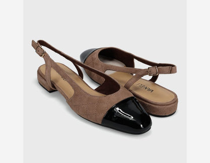 Trill - Military Suede brown quilted slingback with patent black toe, buckle, and low block heel