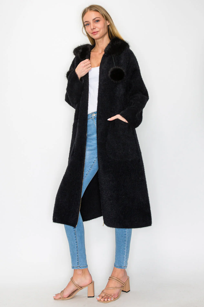 Suraya Knitted Brushed Coat in black with faux fur hood and pom-pom by JOH APPAREL