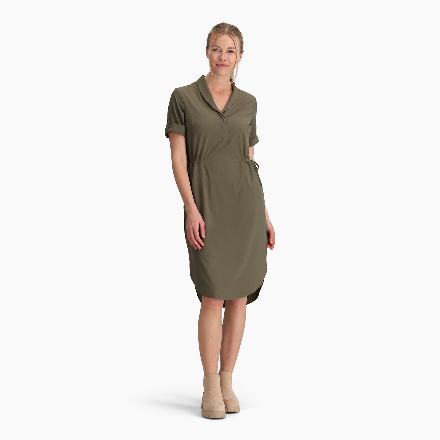 Spotless Traveler Dress S/S in green with moisture-wicking, quick-dry fabric by ROYAL ROBBINS