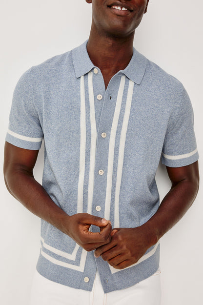 LEO -SKY WHITE striped blue knit sweater polo, men's short sleeve shirt by RAILS
