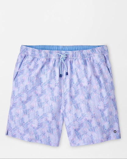 Sunset Palms Swim Trunk in blue multicolor geometric print with elastic drawstring waistband