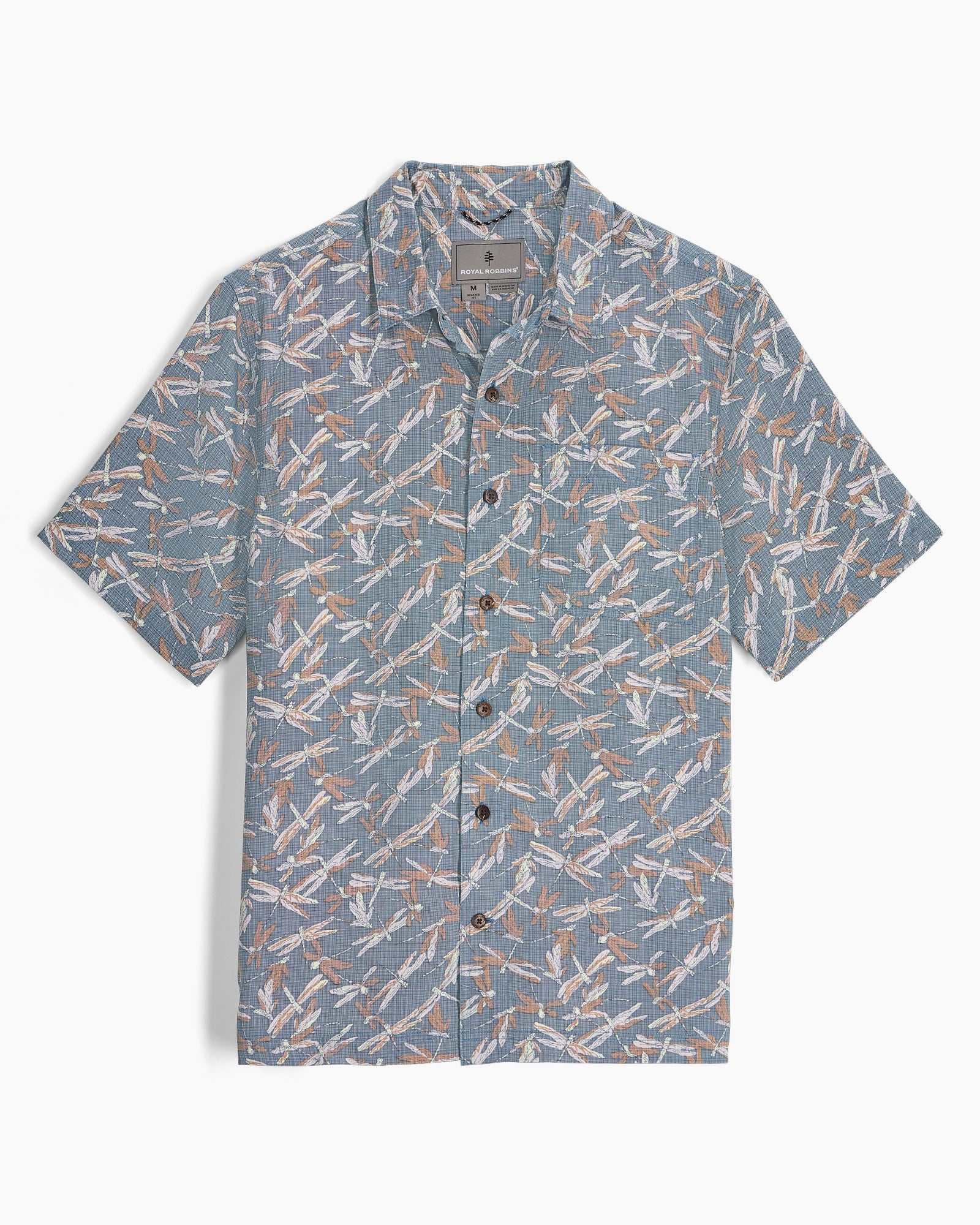 M Camino Pucker S/S short sleeve shirt with blue and tan abstract print by Royal Robbins
