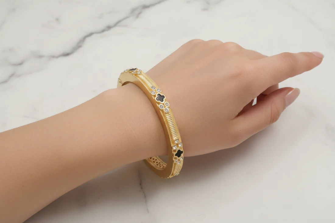 Brushed Gold Bangle w/ CZs & Onyx