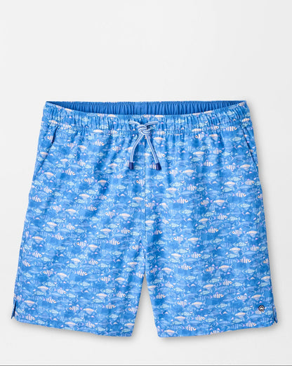Sunfish Swim Trunk in blue animal and geometric print with quick-dry fabric and stretch