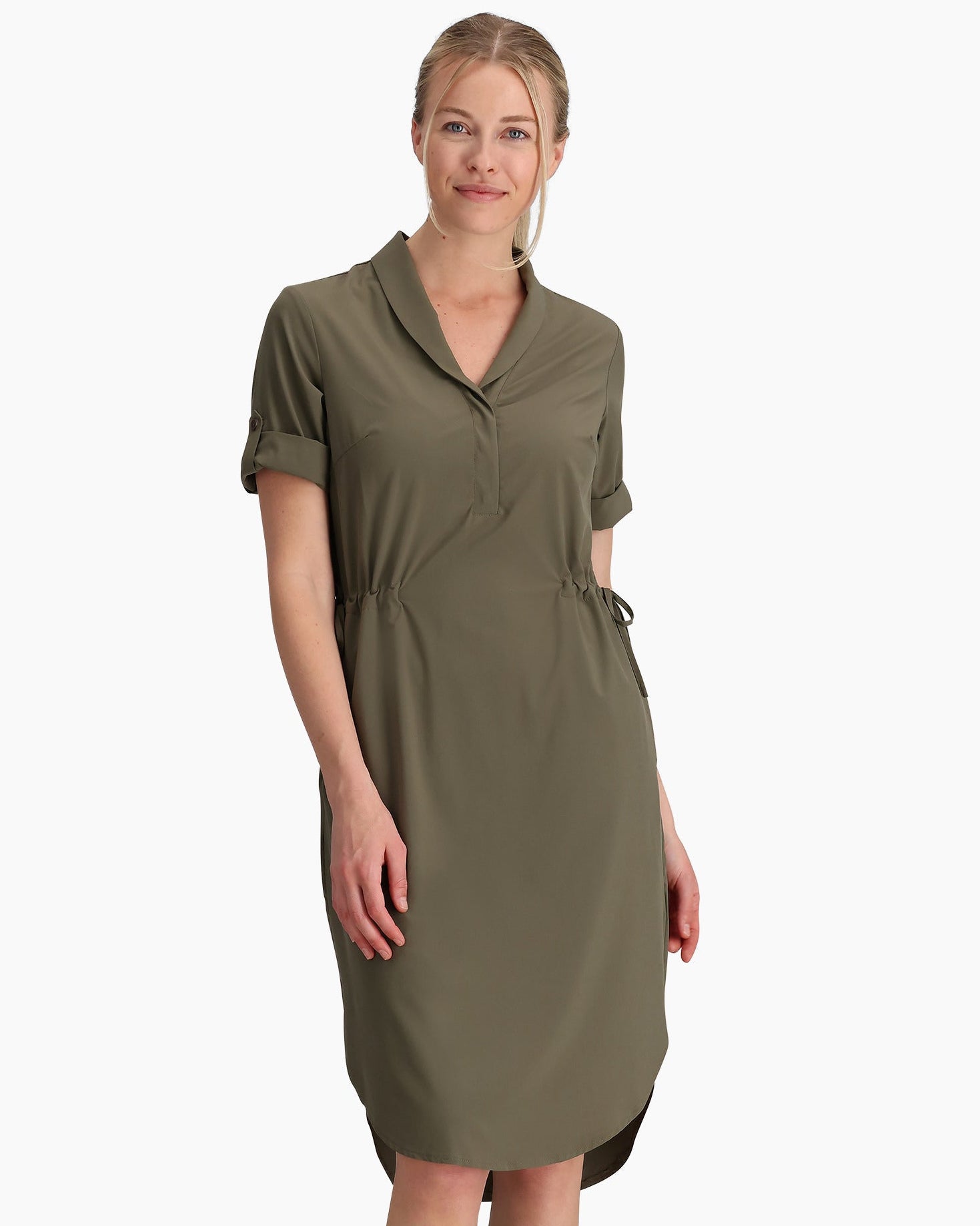 Spotless Traveler Dress S/S in green with moisture-wicking, quick-dry fabric by Royal Robbins