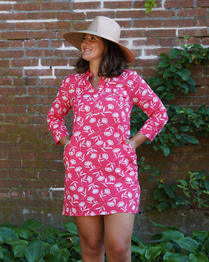 La Jolla Dress - Wallflower - Geranium/White floral cotton flex dress by LA PLAGE CABANA, HCO FBG
