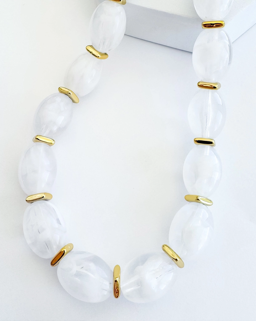 Jelly pop white Necklace with translucent beads and gold accents, personally curated in Fredericksburg TX