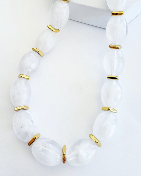 Jelly pop white Necklace with translucent beads and gold accents, personally curated in Fredericksburg TX