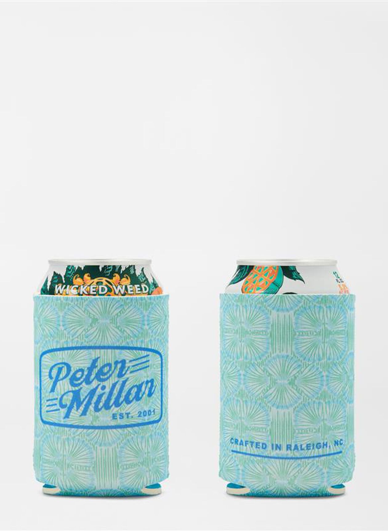 Sunset Palms Swim Trunk-inspired can cooler with blue multicolor geometric pattern by PETER MILLAR