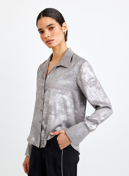 Flowy Wide Collar Button Down - Silver Distress Foil